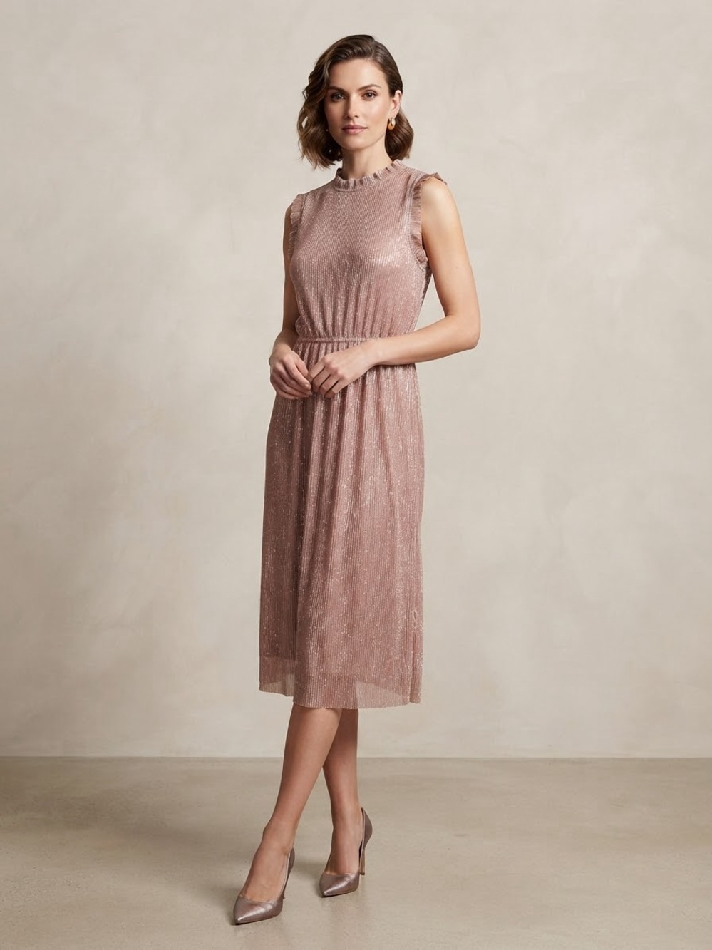 Molly Bracken Premium Metallic Midi Dress Pink Rose Gold Medium M